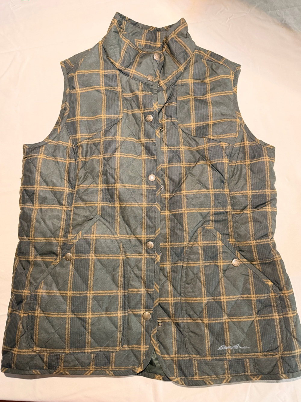 Eddie Bauer Quilted Plaid Sleeveless Vest in Green and Yellow